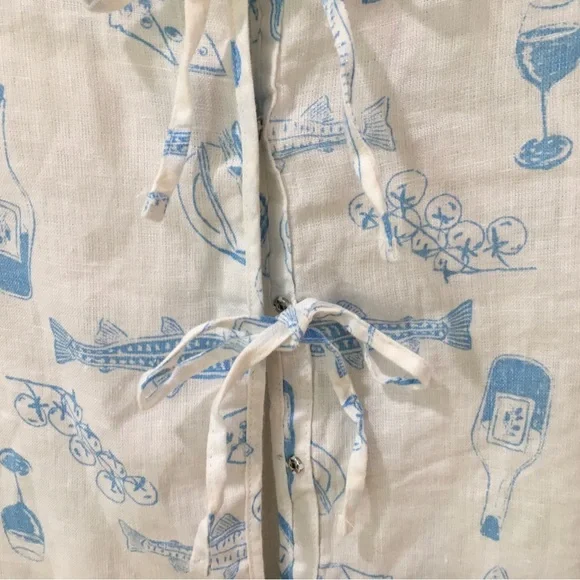 Cynthia Rowley Tie Top Blue White Linen Women L Artsy Printed Beach Coastal New - Picture 3 of 4